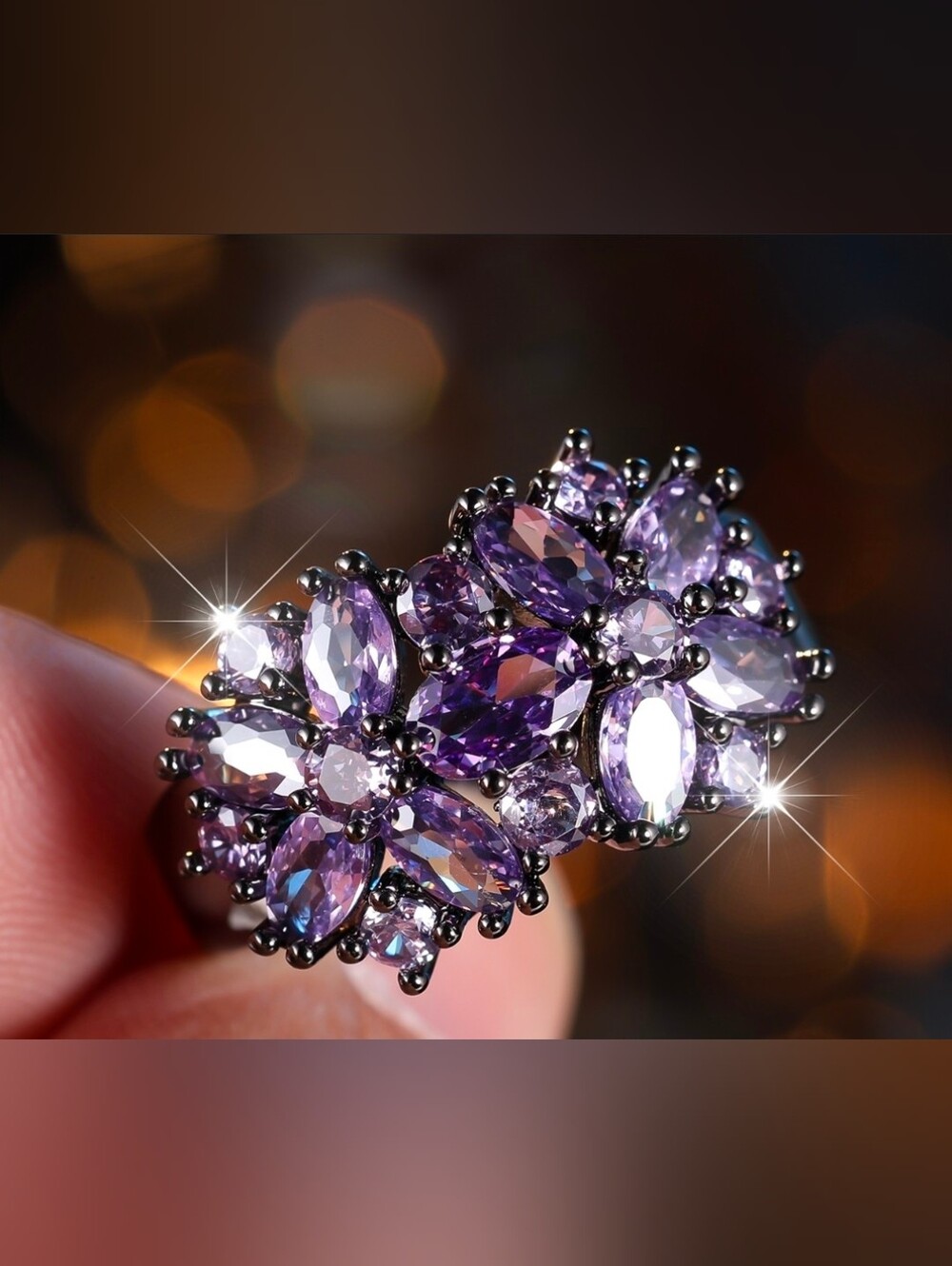$8 Each Or Bundle 5/$20 Purple Crystal Floral Cluster Black Ring